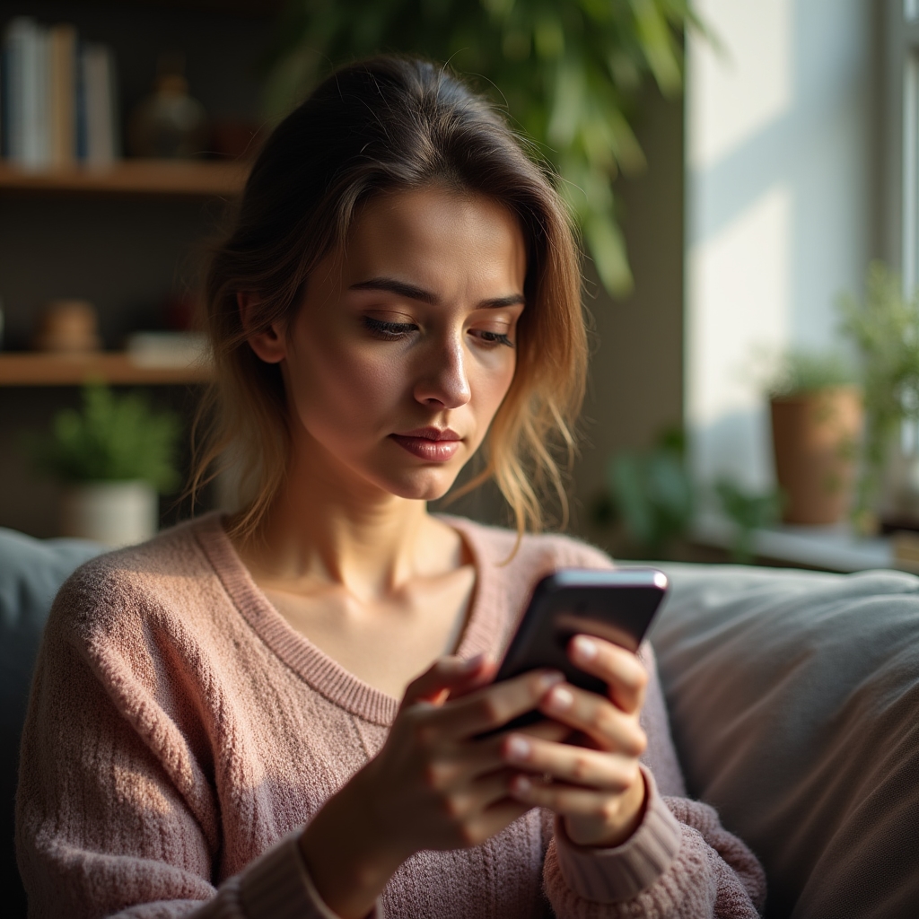 Persona sujetando un teléfono móvil mientras desliza el feed de una red social en un espacio de trabajo luminoso